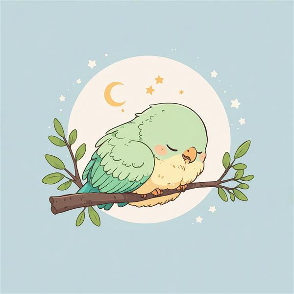 وکتور طوطی سبز و زرد در حال خواب روی شاخه با ماه و ستاره
