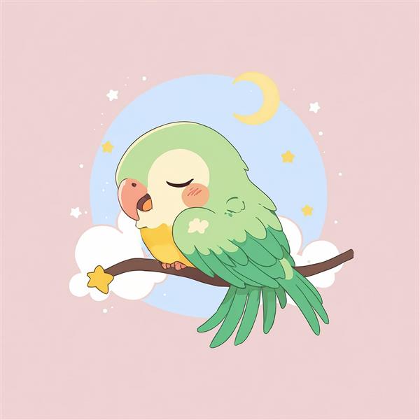 تصویر طوطی سبز خواب‌آلود روی شاخه و ابر با پس‌زمینه صورتی