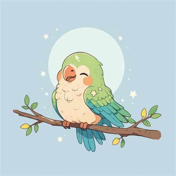 طرح فانتزی طوطی سبز و آبی خندان روی شاخه زیر ماه کامل