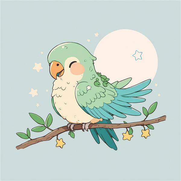وکتور طوطی خوشحال سبز و آبی روی شاخه با ستاره‌های طلایی