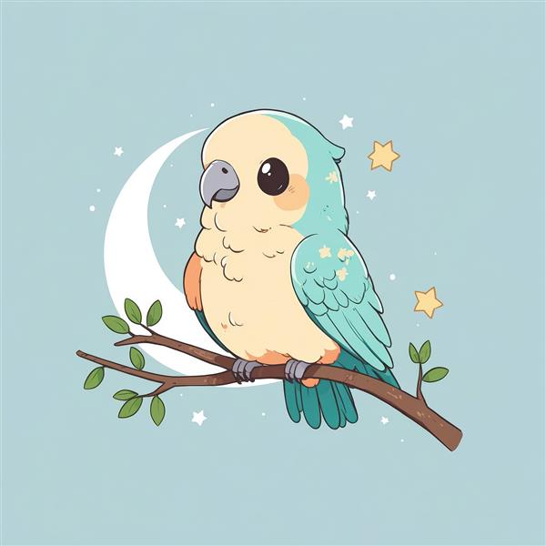 تصویر کارتونی طوطی چاق آبی و کرم روی شاخه زیر هلال ماه