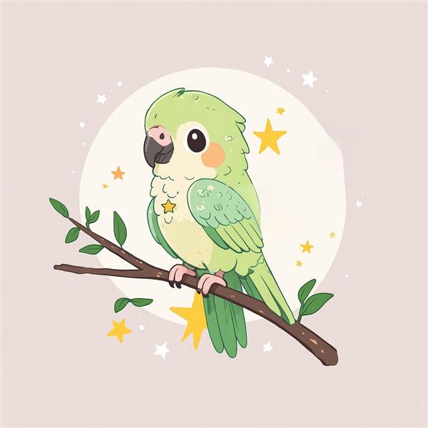 وکتور طوطی سبز رنگ فلوئورسنت روی شاخه در شب پرستاره