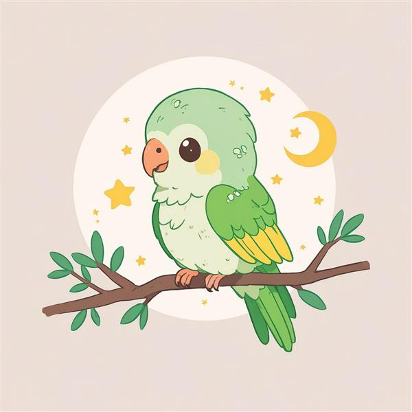 تصویر فانتزی طوطی بانمک سبز و زرد روی شاخه با ماه و ستاره