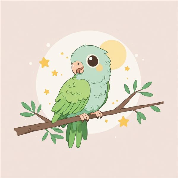 طرح کارتونی طوطی کاوایی سبز نشسته روی شاخه زیر نور ماه