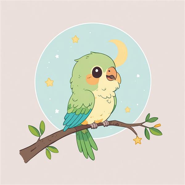 وکتور طوطی کوچک پاستلی سبز و آبی روی شاخه در شب