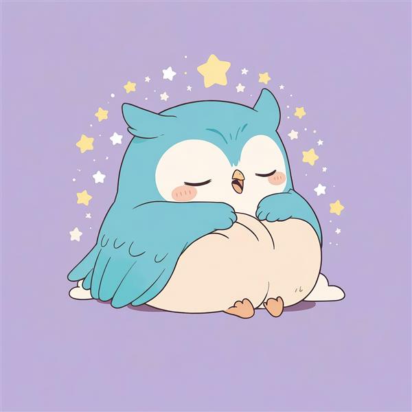 طرح کارتونی جغد آبی در حال چرت زدن با ستاره‌های رنگارنگ