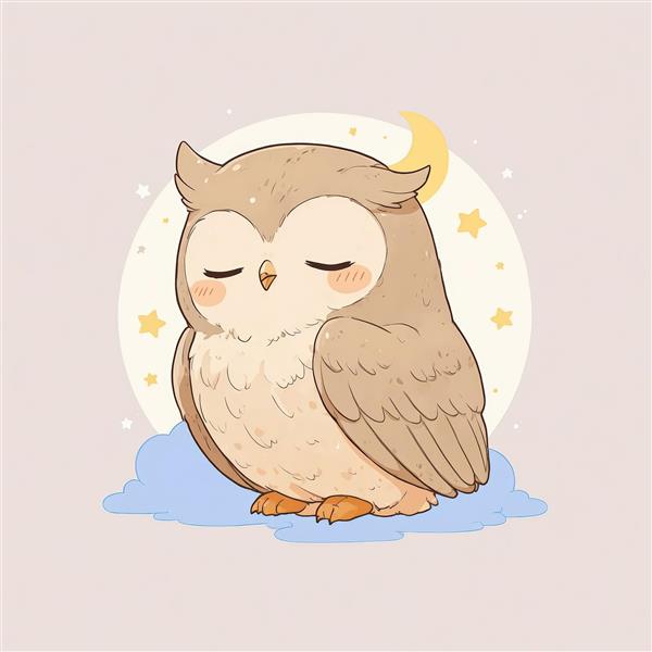 وکتور جغد قهوه‌ای پاستلی خوابیده روی ابر با هلال ماه