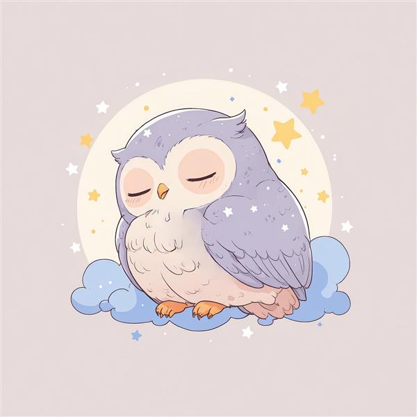 وکتور جغد بنفش بامزه خوابیده روی ابر در پس‌زمینه ستاره‌ای