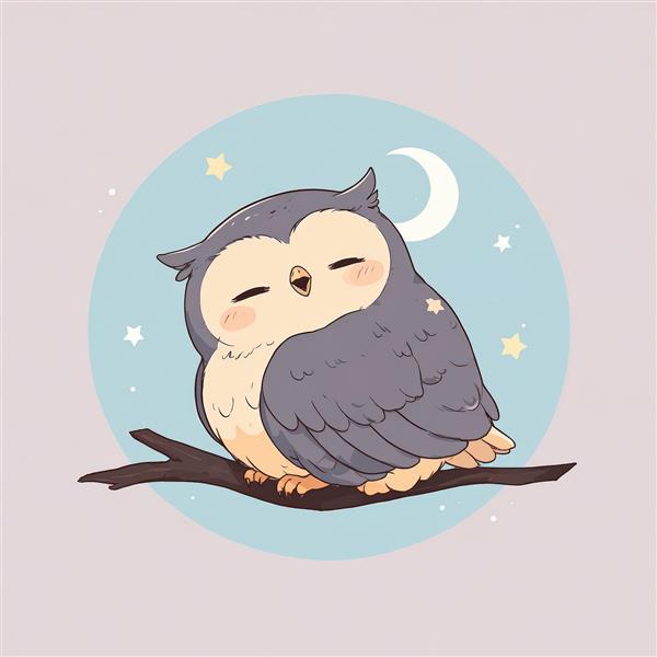 جغد خاکستری بامزه خواب‌آلود نشسته روی شاخه درخت زیر ماه