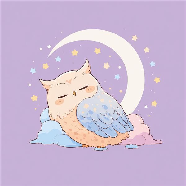 طرح گرافیکی جغد پاستلی خوابیده روی ابرهای رنگی زیر ماه