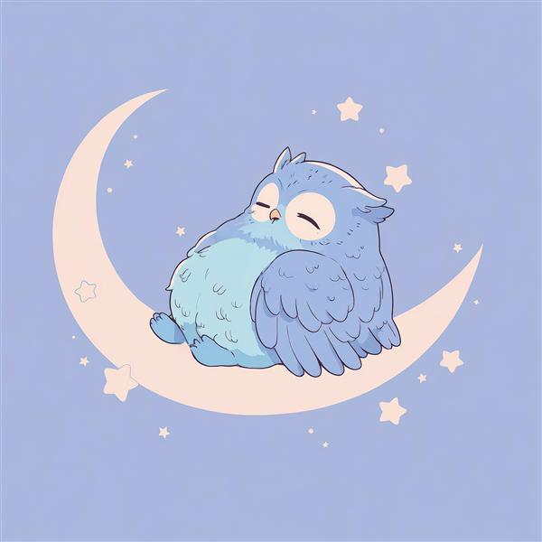 تصویر وکتور جغد چاق آبی رنگ خوابیده بر روی ماه در آسمان شب