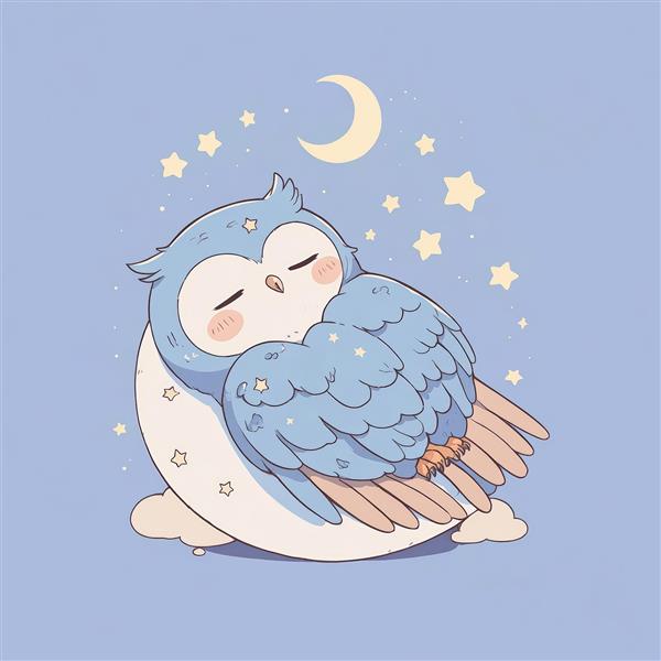 تصویر فانتزی جغد آبی نشسته روی هلال ماه و ستاره‌ها