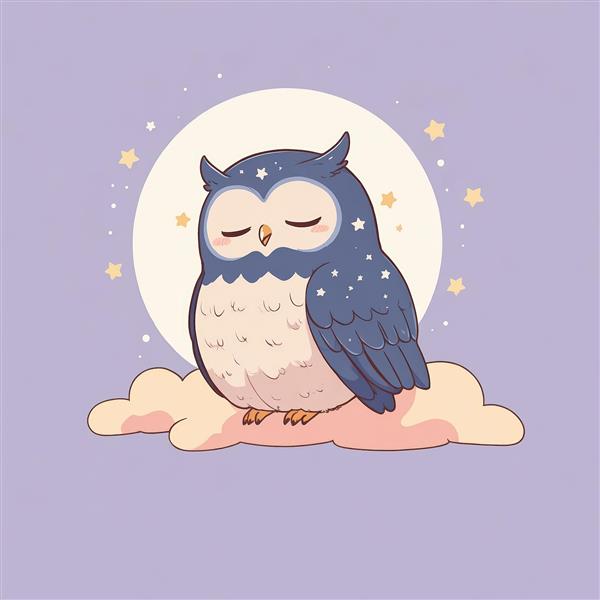 طرح کارتونی جغد پشمالوی آبی درباری خوابیده روی ابر در شب