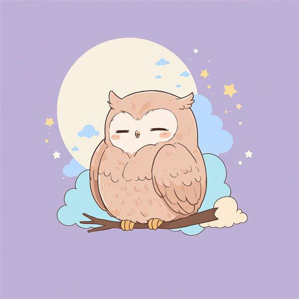 وکتور جغد خوابیده کاوایی روی شاخه درخت در شب مهتابی