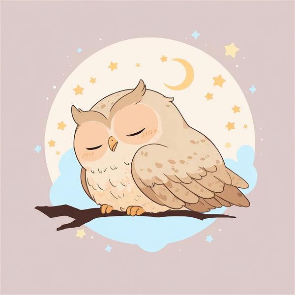 وکتور کارتونی جغد خوابیده روی شاخه و ابر، زیر ماه و ستاره‌ها، مناسب چاپ عریض