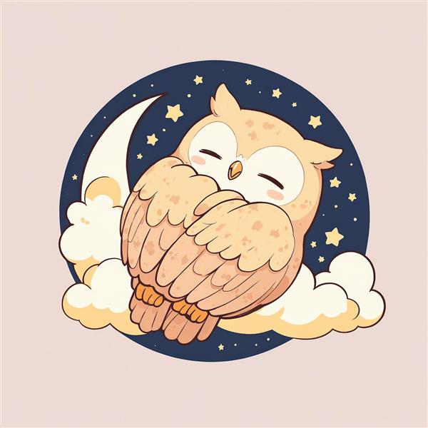 تصویر باکیفیت: جغد خوابیده روی ماه طلایی و ابرهای گرم، آسمان شب پر ستاره