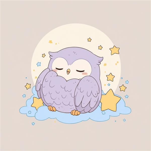 طرح چاپ تابلو/بالشت: جغد بنفش خوابیده روی ابرهای آبی زیر ماه، پس‌زمینه لایت