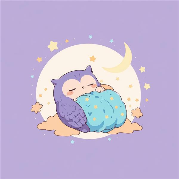 وکتور جغد بنفش خوابیده در آغوش پتو/بالشت آبی، زیر ماه درخشان