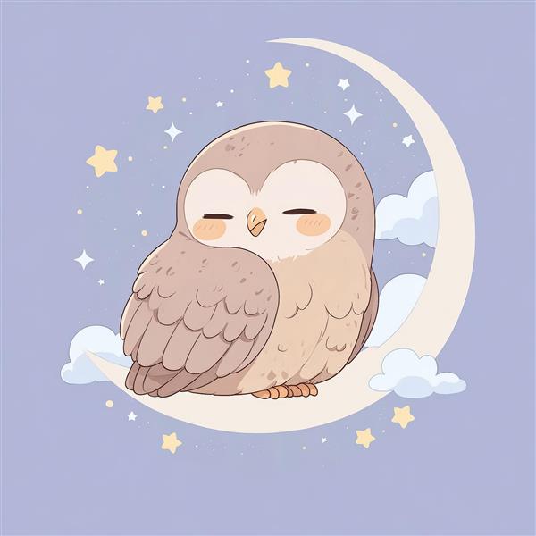 جغد خوابیده روی هلال ماه و ابرهای کوچک، تصویرسازی کودکانه و دلنشین