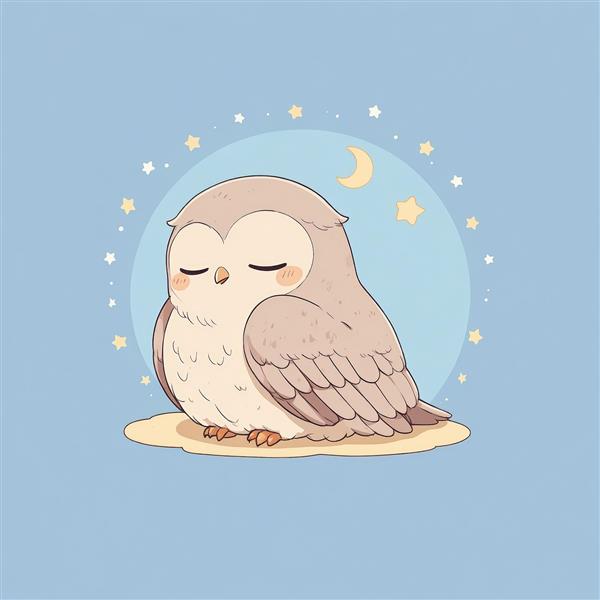 تصویر استوک: جغد آرام نشسته روی زمین، پس‌زمینه آبی و ماه، طرح مینیمال و لطیف