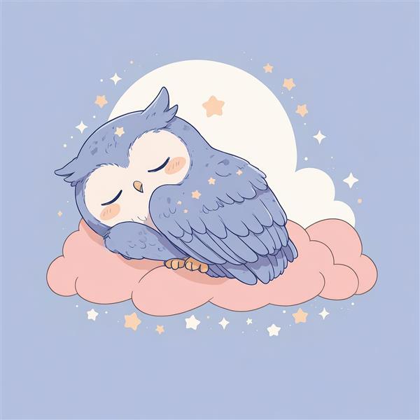 وکتور جغد آبی خوابیده روی ابرهای صورتی زیر ماه، مناسب برای چاپ پوستر و دکوراسیون