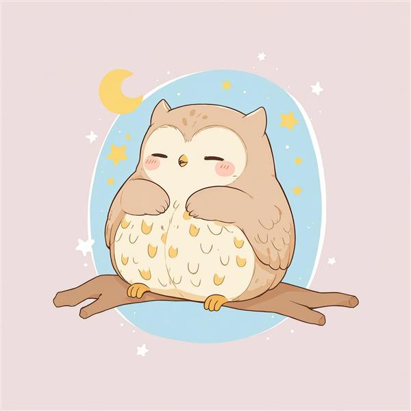 طرح گرافیکی باکیفیت: جغد کوچک در خواب ناز روی شاخه، پس‌زمینه آبی با ماه