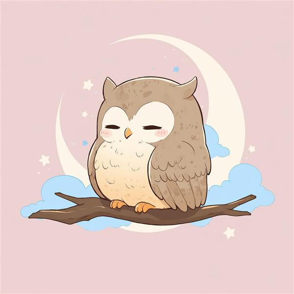 تصویر اورجینال: جغد بامزه خوابیده روی شاخه درخت زیر هلال ماه، طرح فانتزی و آرام