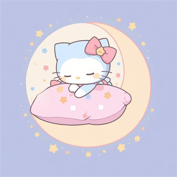 وکتور کارتونی کیتی آبی خوابیده روی بالشت صورتی زیر ماه، طرح آرامش‌بخش