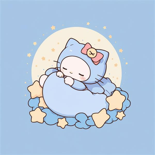 وکتور کارتونی کیتی (شبیه) در لباس کلاهدار، خوابیده روی ابر ستاره‌ای آبی
