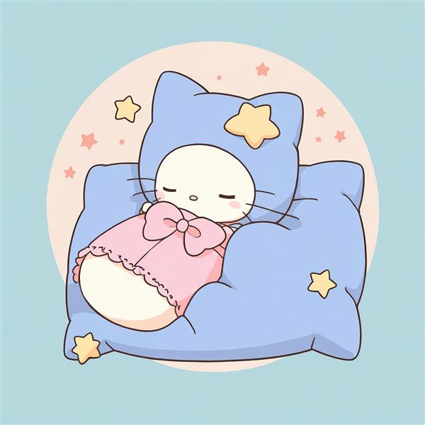 تصویر باکیفیت: کیتی (شبیه) با لباس کلاهدار گربه، خوابیده روی بالشت آبی و ستاره‌ها