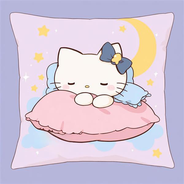 طرح چاپ تابلو/بالشت: کاراکتر کیتی (شبیه) خوابیده روی بالشت صورتی با زمینه بنفش