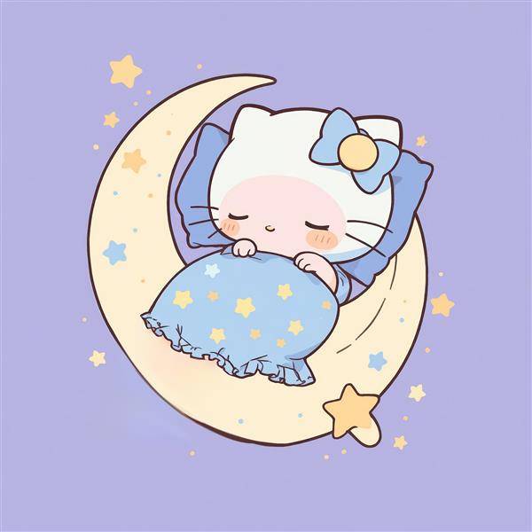 وکتور کاراکتر کیتی با لباس آبی ستاره‌دار، خوابیده روی هلال ماه زرد