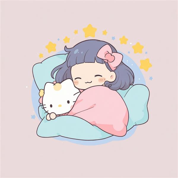 کودک در آغوش گرفتن عروسک کیتی، طرح فانتزی و گرم، مناسب برای اتاق کودک