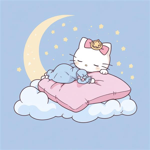 تصویر استوک: کیتی (شبیه) خوابیده روی بالشت ابری و ماه، طرح کارتونی و ملایم