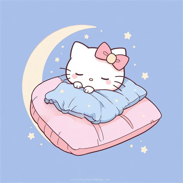 طرح گرافیکی باکیفیت: کاراکتر کیتی خوابیده روی بالشت صورتی زیر ماه، سبک فانتزی
