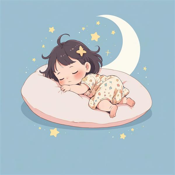 تصویر اورجینال: کودک خواب ناز روی بالشت صورتی، پس‌زمینه آبی با هلال ماه سفید