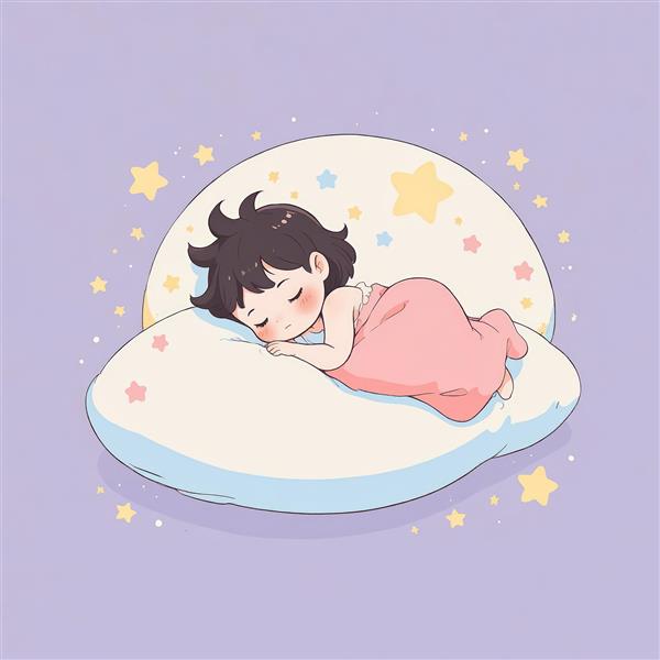 طرح دکوراتیو: دختر کوچک خوابیده روی بالشت ابری شکل، مناسب برای اتاق کودک و چاپ عریض