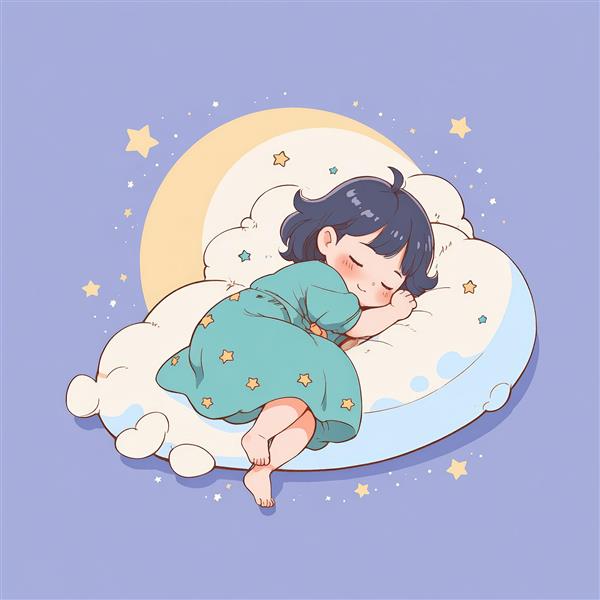 تصویر اورجینال کودک در خواب روی ابر و بالشت، آسمان شب با ستاره‌های درخشان