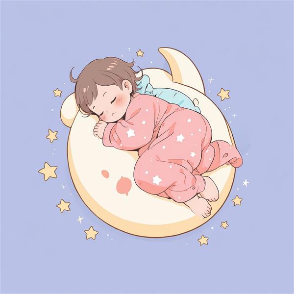 وکتور دختر بچه با لباس صورتی ستاره‌ای، خوابیده روی بالشت ماه در پس‌زمینه بنفش