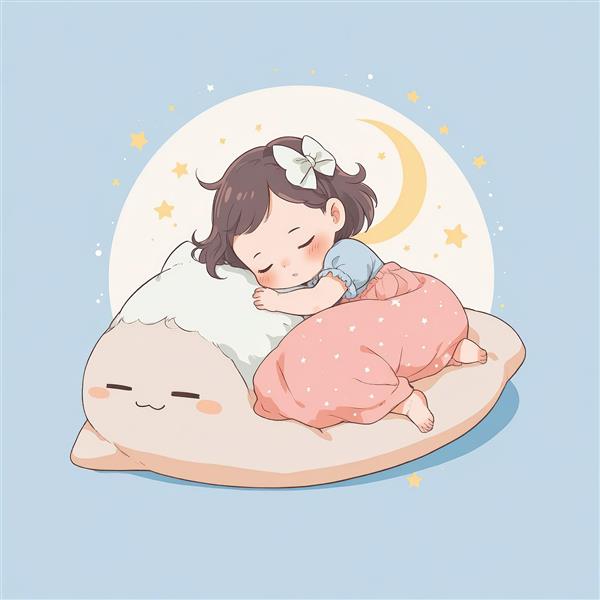 کودک ناز خوابیده روی بالشت فانتزی خندان، تصویرسازی کودکانه و با کیفیت عالی