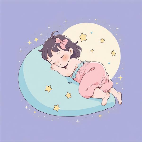 طرح فانتزی کودک در خواب عمیق روی بالشت آبی و ماه، تصویرسازی لایت و دلنشین