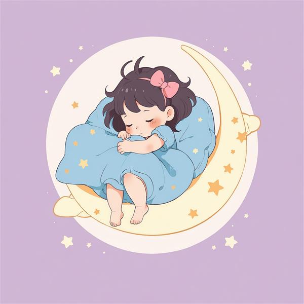 تصویر استوک: کاراکتر کارتونی دخترک خوابیده، پیچیده در پتو روی هلال ماه زرد