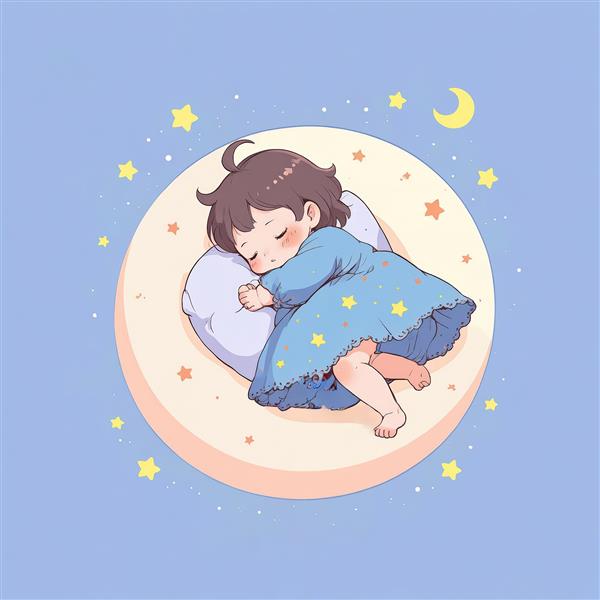 وکتور بچه فیل بنفش خواب‌آلود روی ابر فیروزه‌ای، زیر هلال ماه و ستاره‌ها