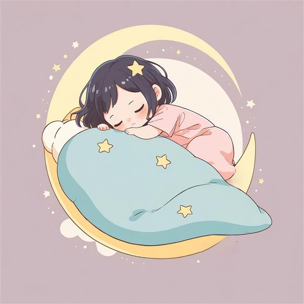 نقاشی دختربچه کیوت با موی بنفش خوابیده روی بالشت گرد آبی ستاره‌دار