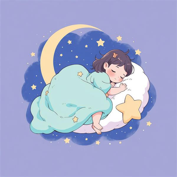 دختر کوچک زیر پتوی فیروزه‌ای خوابیده روی ابر و ماه، در آسمان پر ستاره