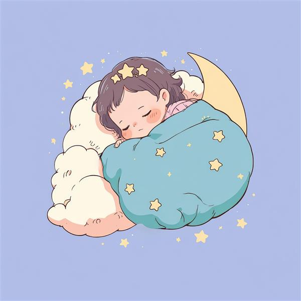 تصویر کودک زیر پتوی ستاره‌ای آبی، خفته روی ابر و ماه، تم اتاق کودک