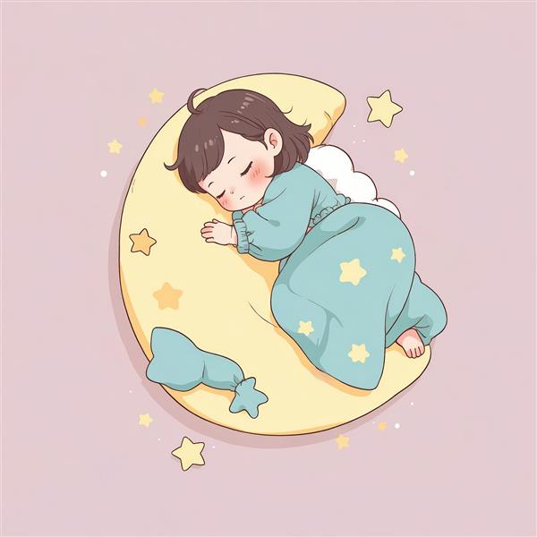 طرح باکیفیت دختربچه خوابیده روی هلال ماه بزرگ، با لباس آبی ستاره‌دار