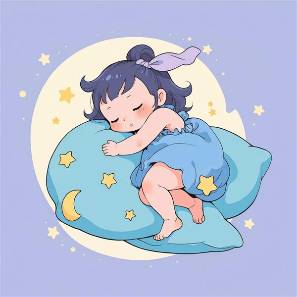 نقاشی کودک با پیراهن آبی خفته روی بالشت ستاره‌دار، با ماه کامل پشت سر