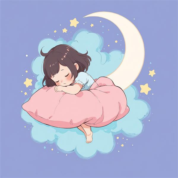 وکتور دختربچه خفته روی بالشت صورتی و ابر، زیر هلال ماه و ستاره‌ها