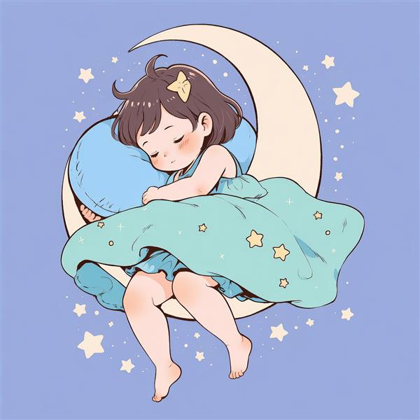 تصویر دختر کوچک خوابیده روی بالشت آبی و ماه، با لباس ستاره‌دار فانتزی